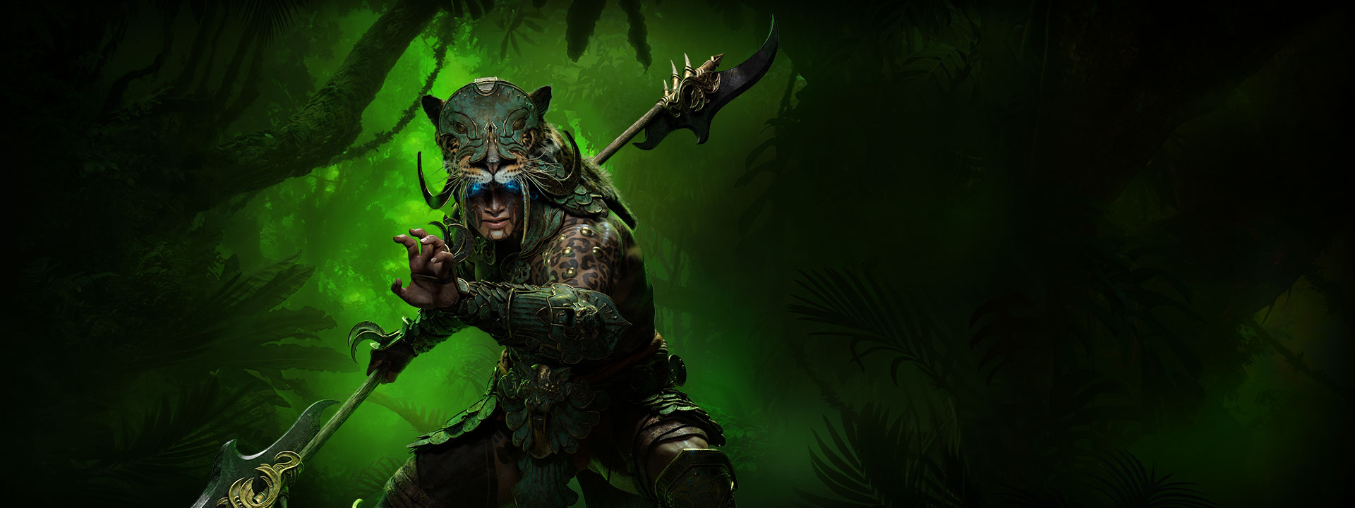 The Spiritborn poses furiously in the lush jungle.