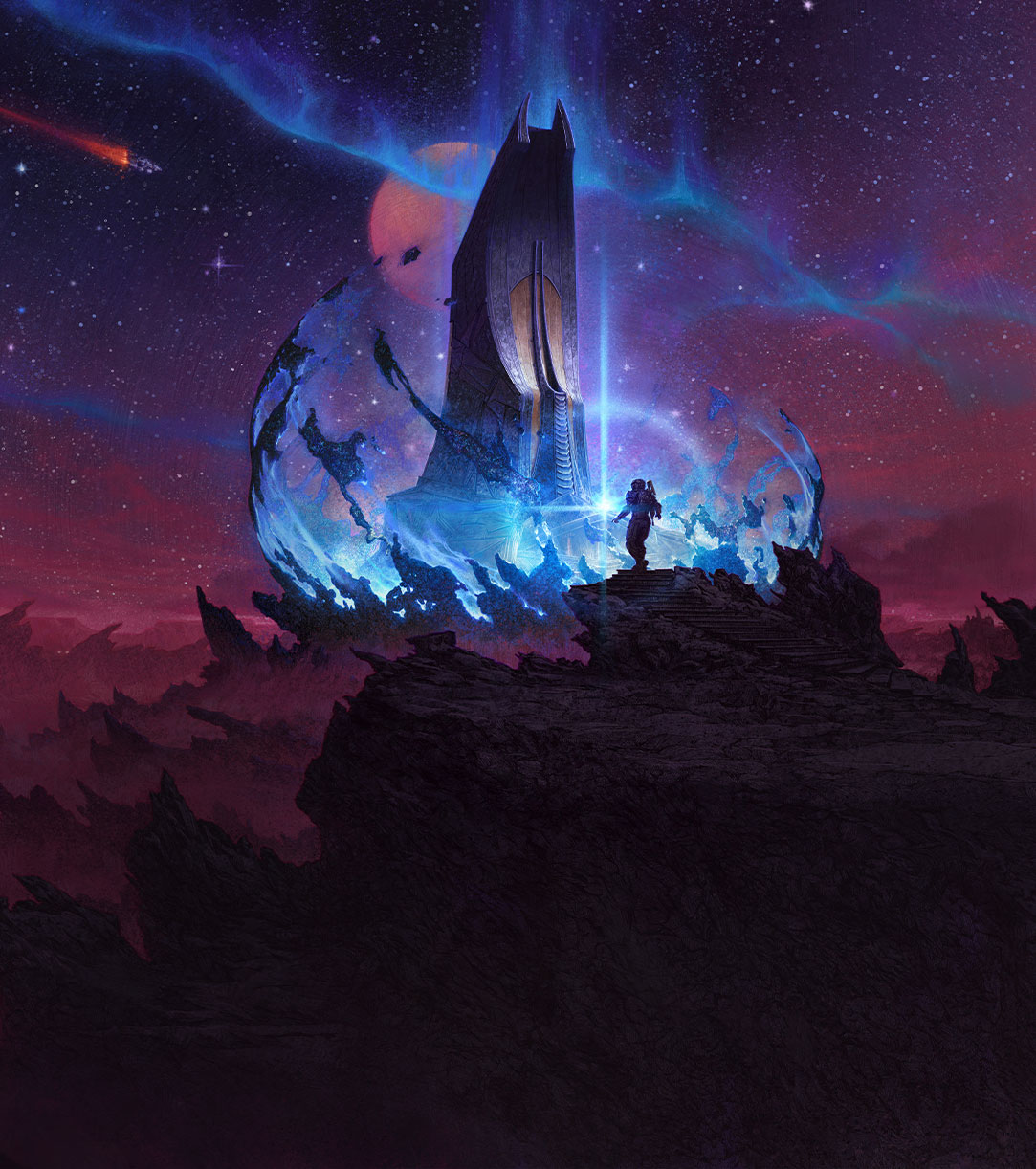 Starfield, Shattered Space, Na skalnatém terénu se astronaut blíží k impozantní věži překypující energií.