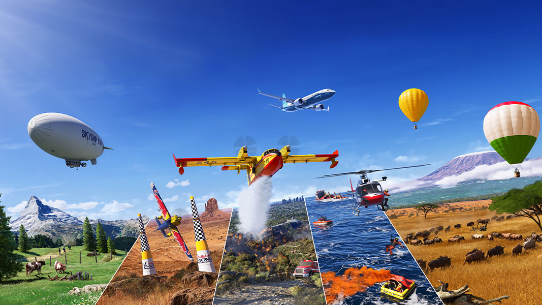 Airplanes, airships and hot air balloons fly over various natural scenery.