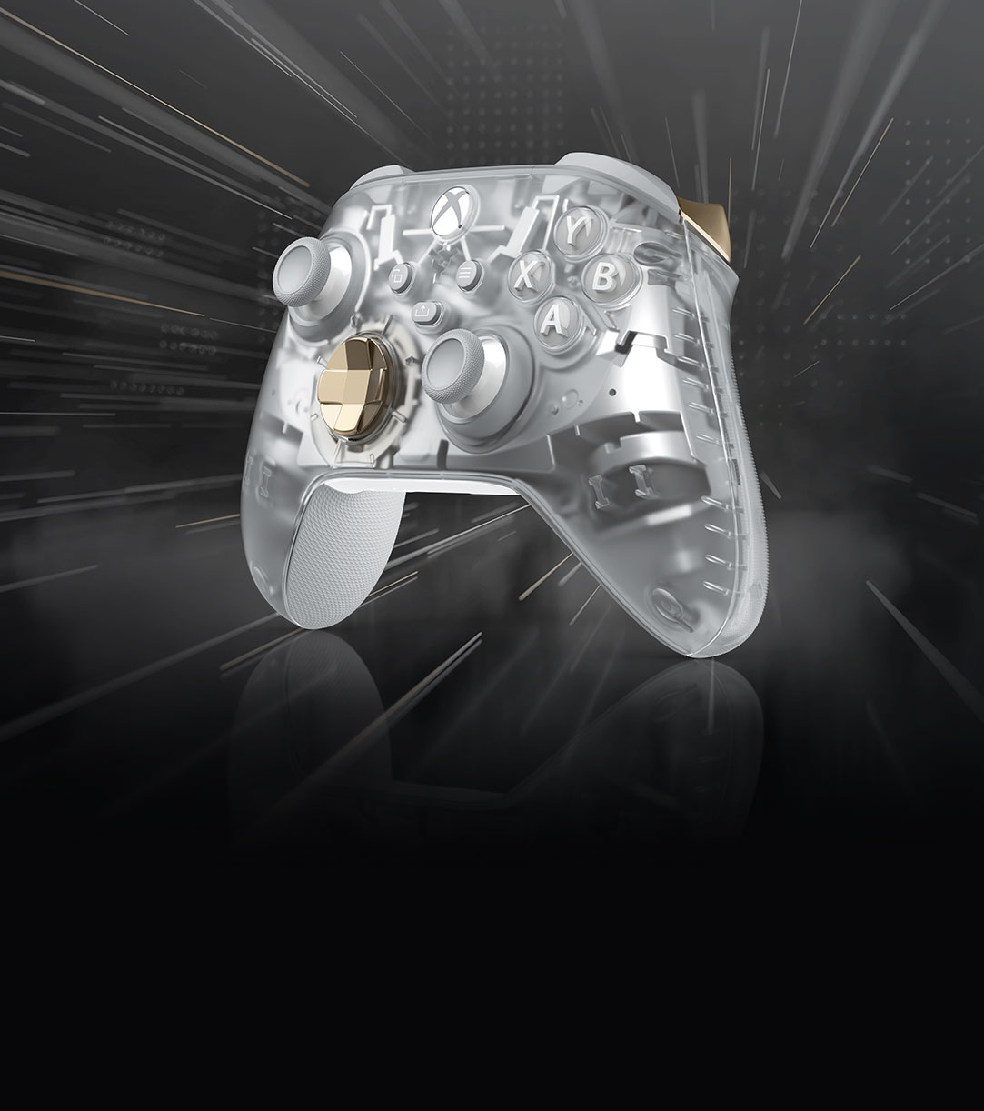 Pohled zepředu na bezdrátový ovladač pro Xbox – speciální edice Ghost Cipher před šedým digitálním vírem.