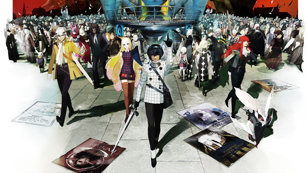 The protagonist is walking with a large group of people, raising his index finger to the sky and holding a sword to the ground in his other hand.