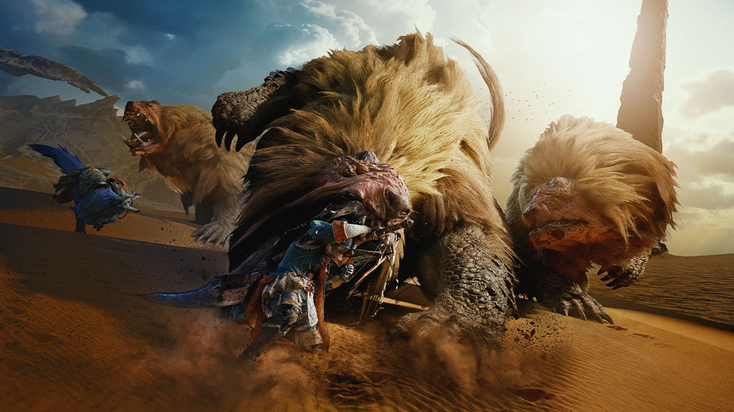 A figure in a blue cloak prepares for an attacking monster in the desert.